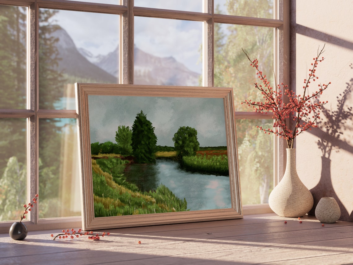 Vintage Lake And Forest Wall Art Landscape Oil Painting Print Green Pastoral Landscape Art Print Jpg Art - Image 5