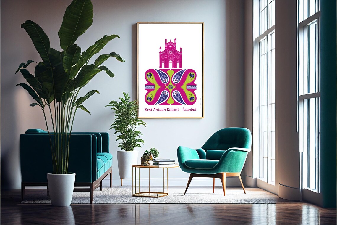 Sent Antuan Church Istanbul Pink Landmark Turkish Geometric Wall Art Poster - Image 2