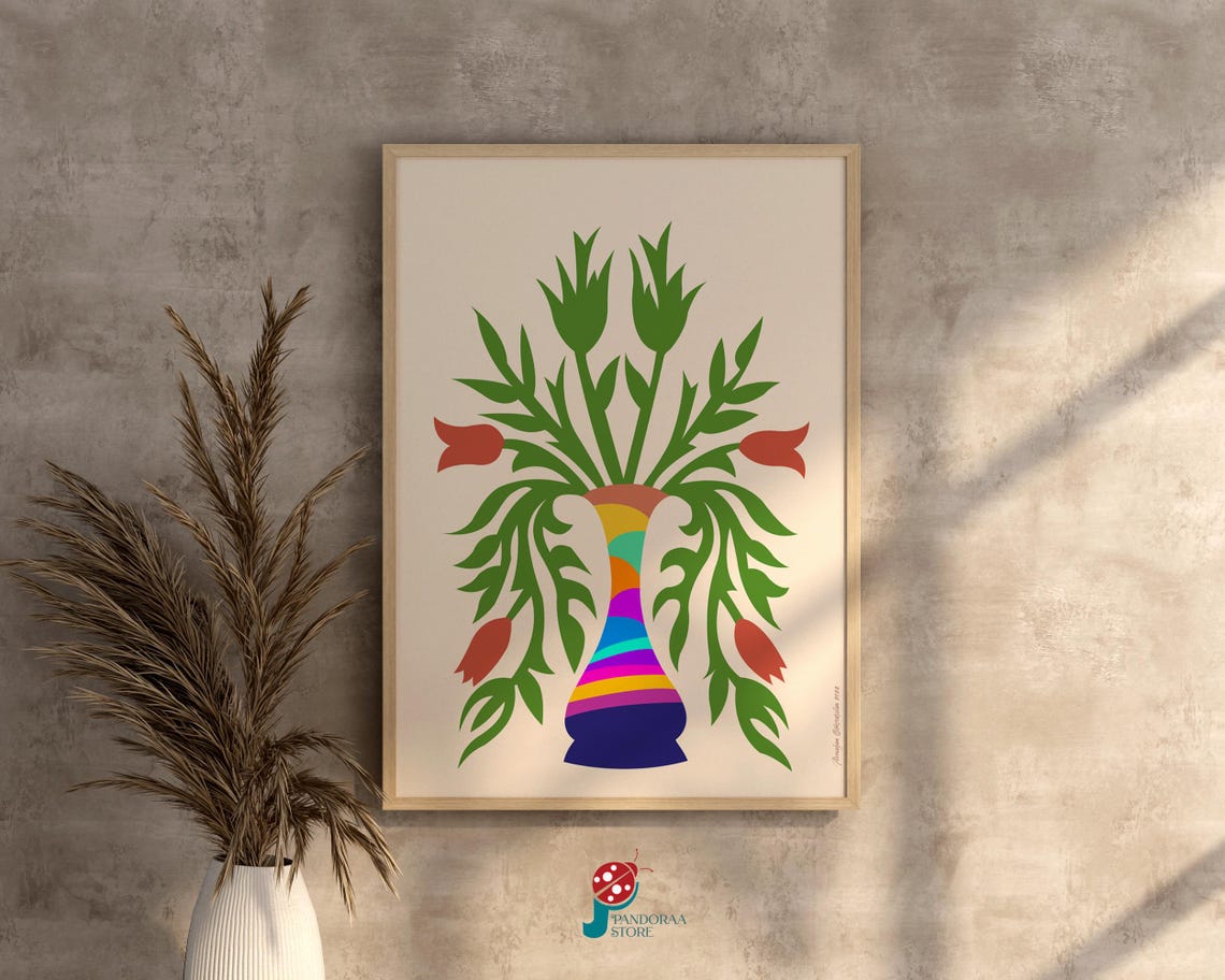 Rainbow Striped Vase Red Tulip Folk Art Colorful Floral Wall Poster