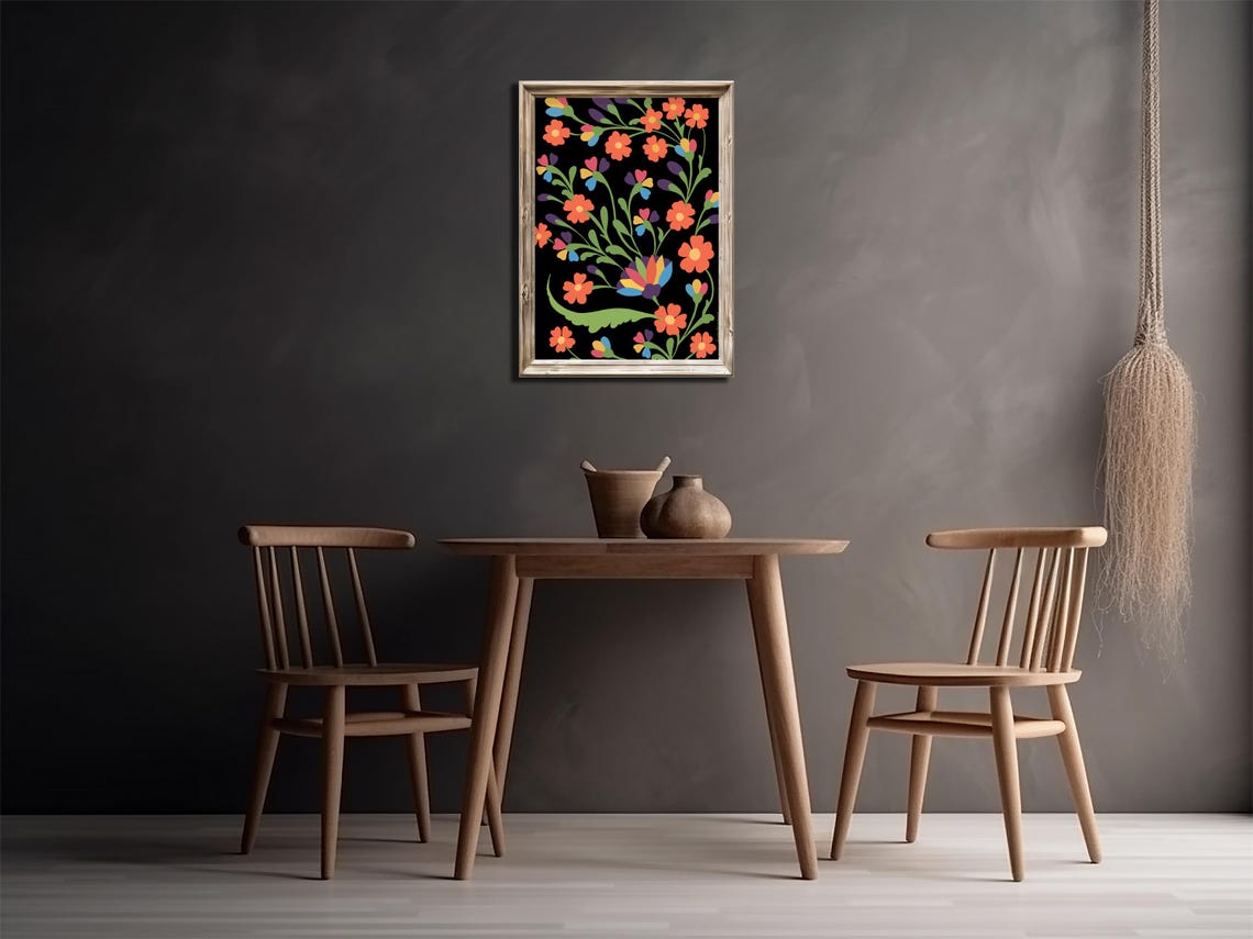 Vibrant Folk Floral Pattern Bright Blossoms on Black Wall Poster - Image 3