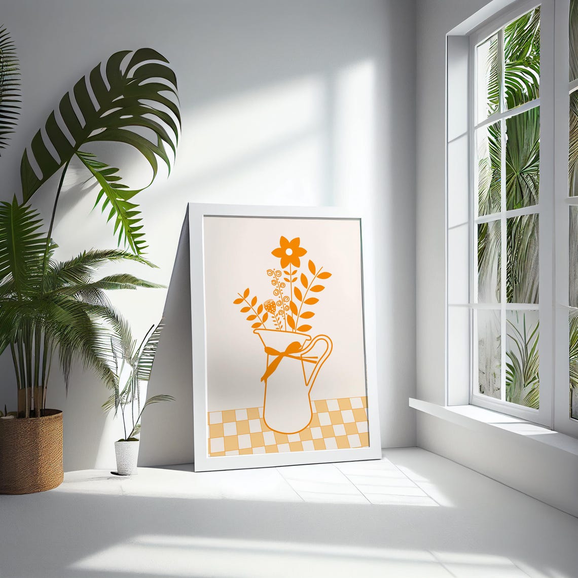 Orange Floral Pitcher Line Art Bouquet Ribbon Modern Kitchen Poster - Image 4