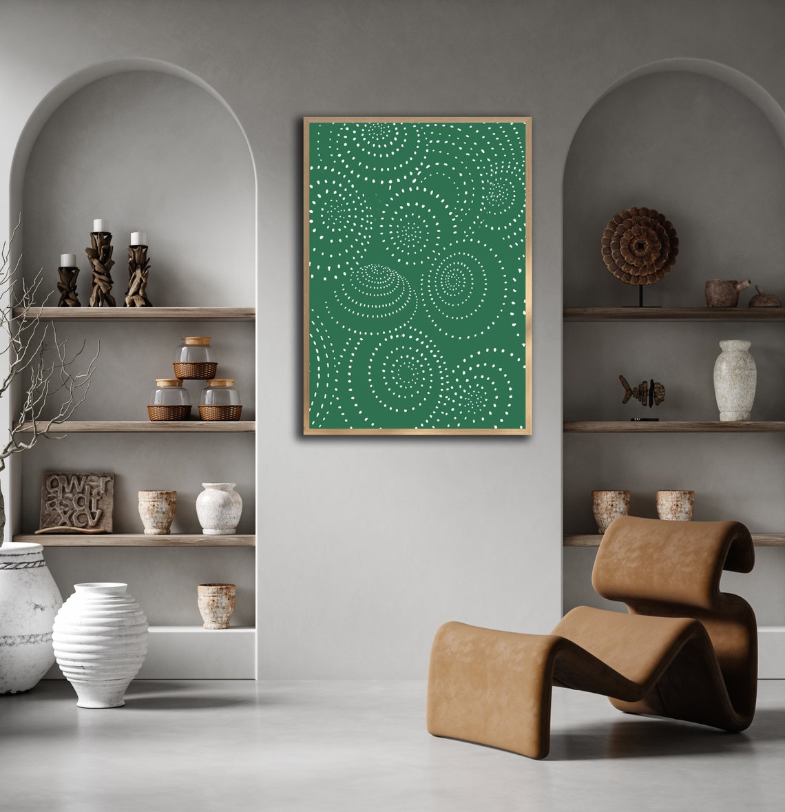 Forest Green White Spiral Dot Boho Circle Geometric Abstract Poster - Image 2