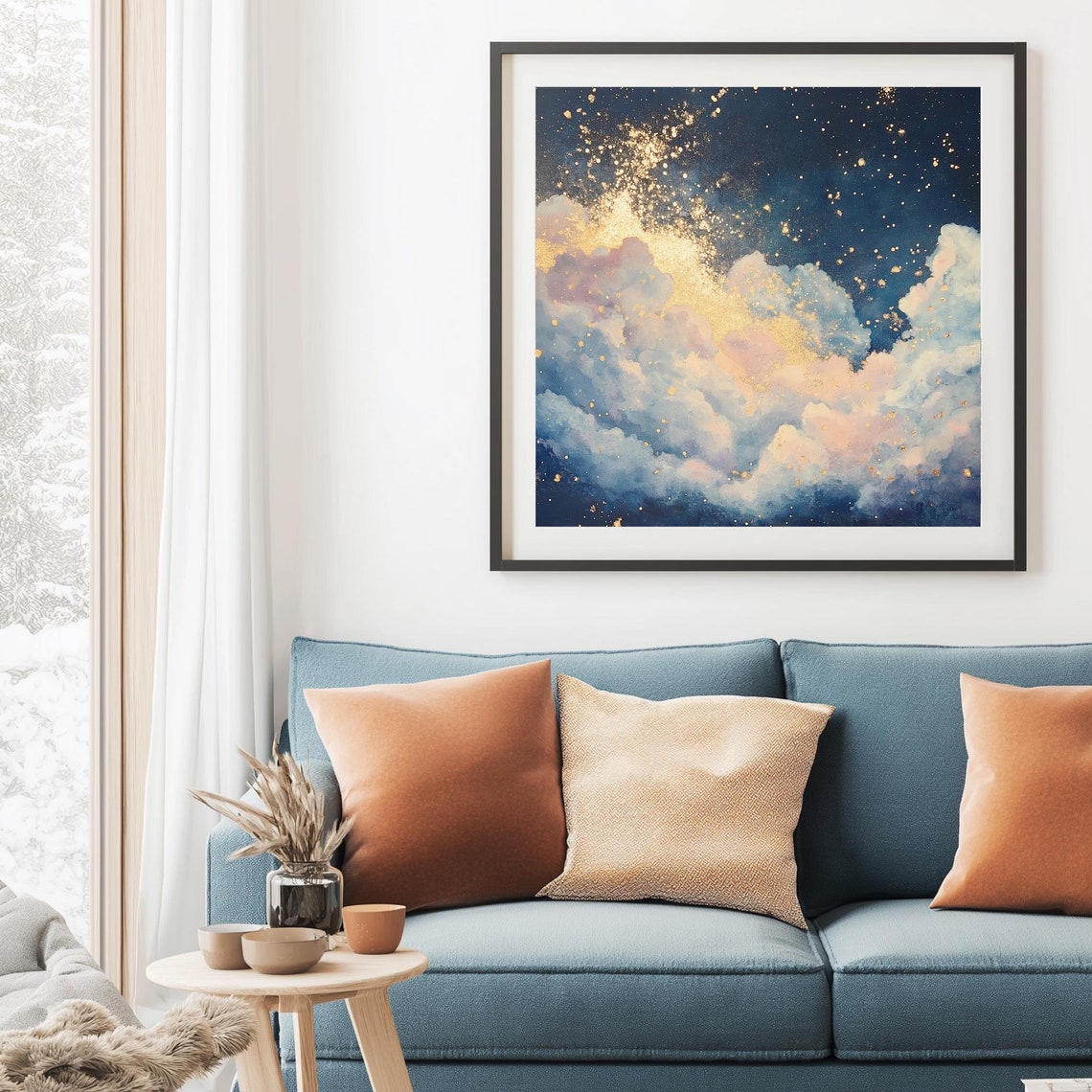 Gold Dust Night Clouds Starry Blue Sky Dreamy Painting Poster