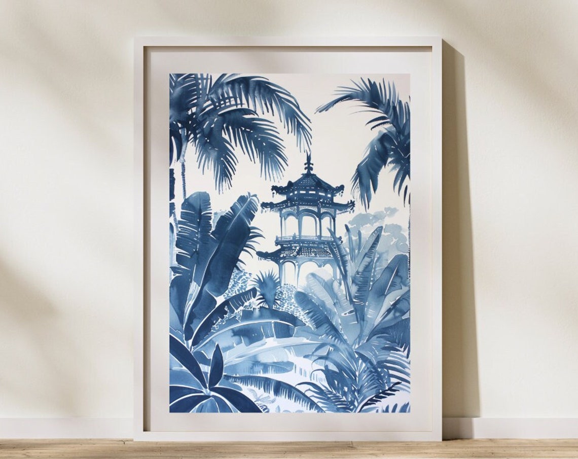 Blue Pagoda Palm Trees Chinoiserie Watercolor Botanical Wall Art