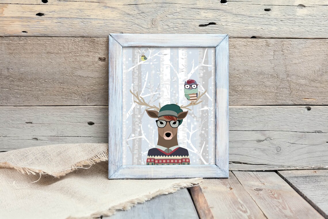 Whimsical Deer Wearing Glasses And Winter Sweater Owl Snowy Forest Poster - Image 2