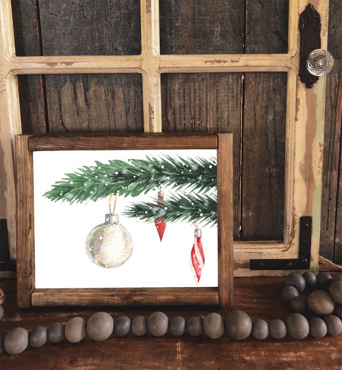 Watercolor Christmas Tree Branch Ornaments Snowy Minimalist Poster