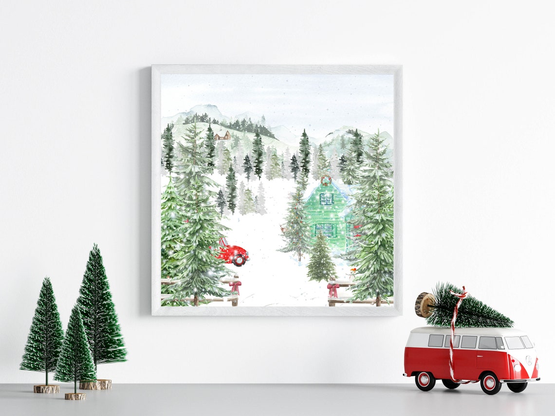 Winter Woodland Square 4x4 Up To 20x20 Home For Christmas Wall Art Holiday Decor Watercolor Country Sign Diy Seasonal Decor - Image 3