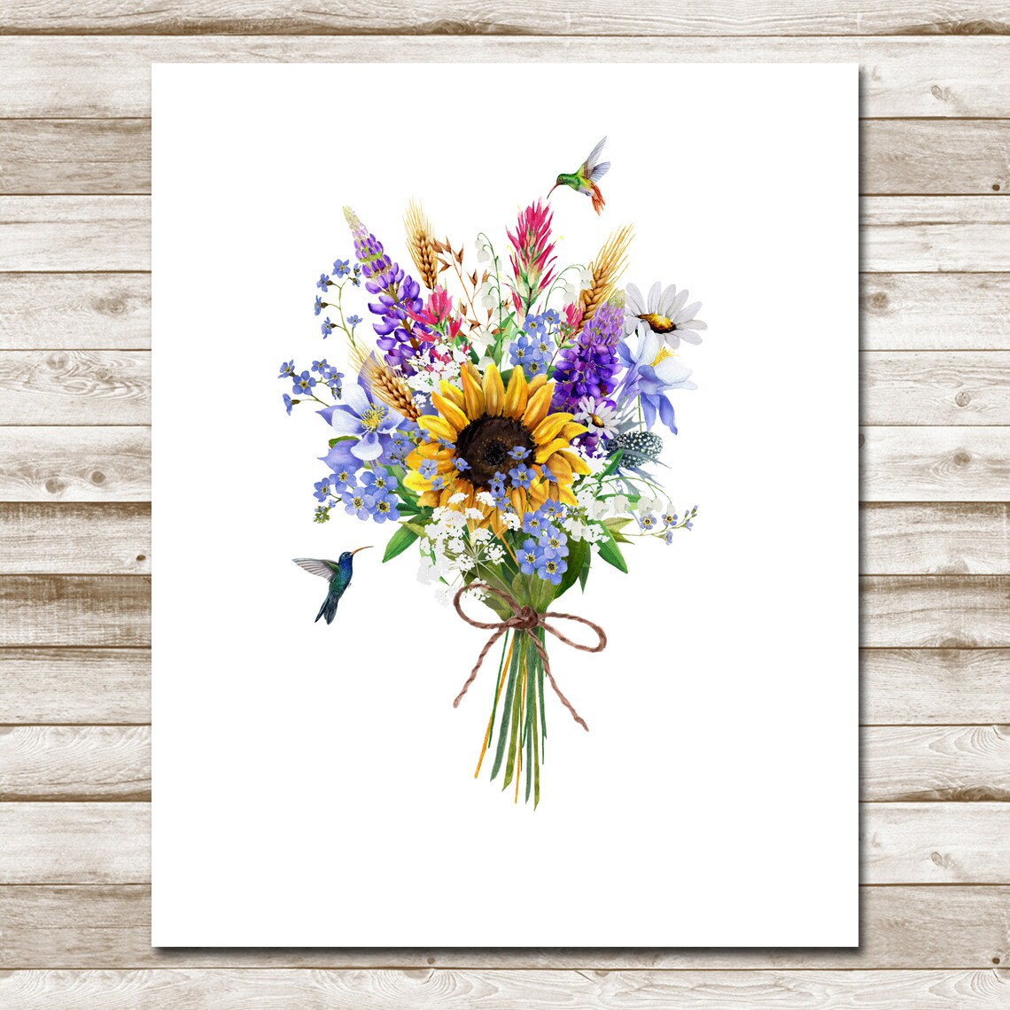 Wildflower Bouquet Sunflower Hummingbird Watercolor Floral Poster - Image 4