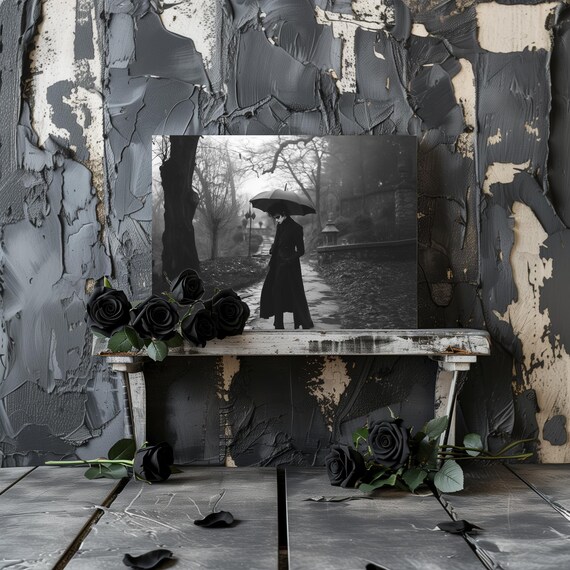 Black and White Gothic Figure with Umbrella in a Misty Park Vintage Poster