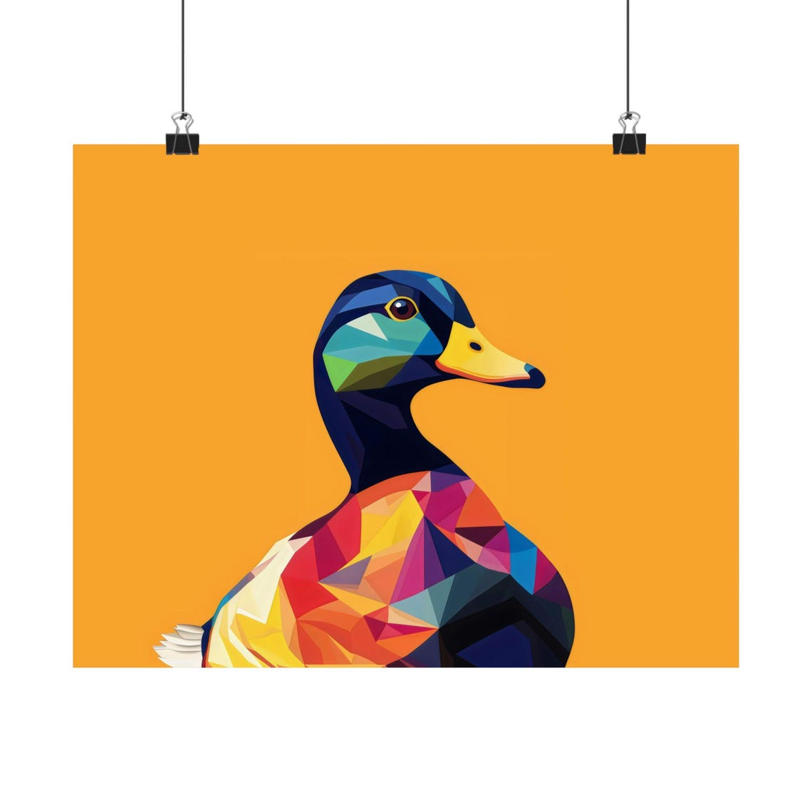 Colorful Geometric Mallard Duck on Bold Orange Backdrop Poster