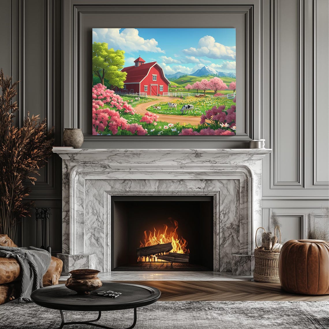 Spring Countryside Red Barn Cows Pink Blossom Nature Wall Art