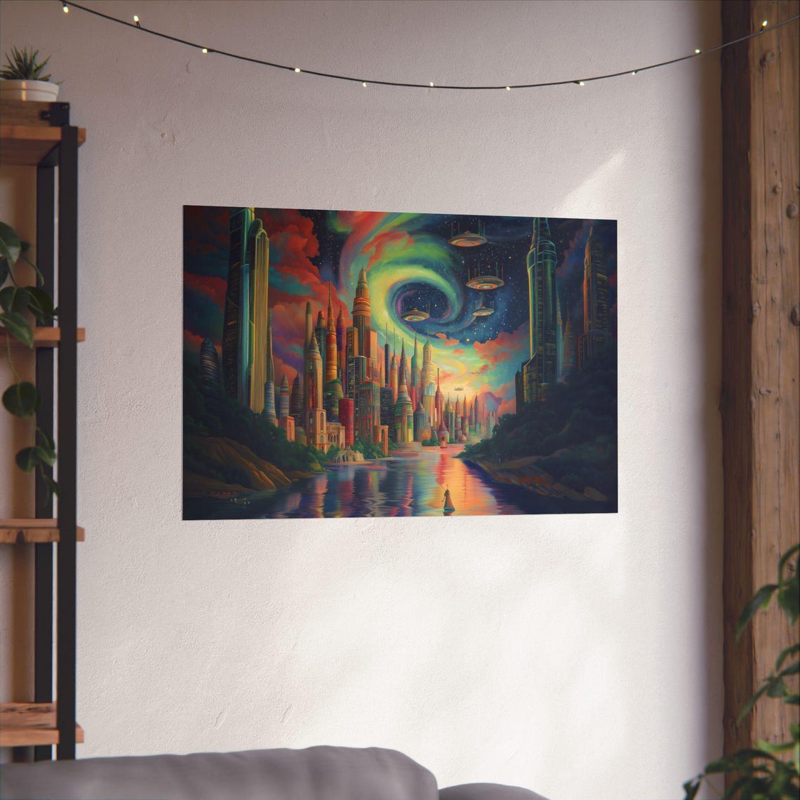 Alien Invasion Cityscape Aurora Lights UFO Sci Fi Skyline Poster - Image 2