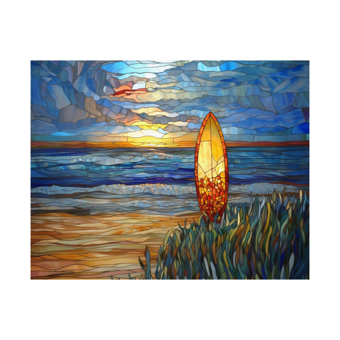 Stained Glass Surfboard Sunset Ocean Waves Coastal Beach Decor Poster - Image 3
