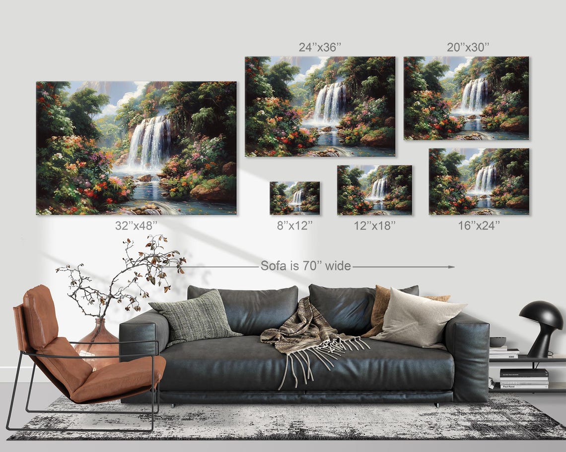 Tropical Waterfall Paradise Garden Vibrant Bloom Scenic Wall Art - Image 3