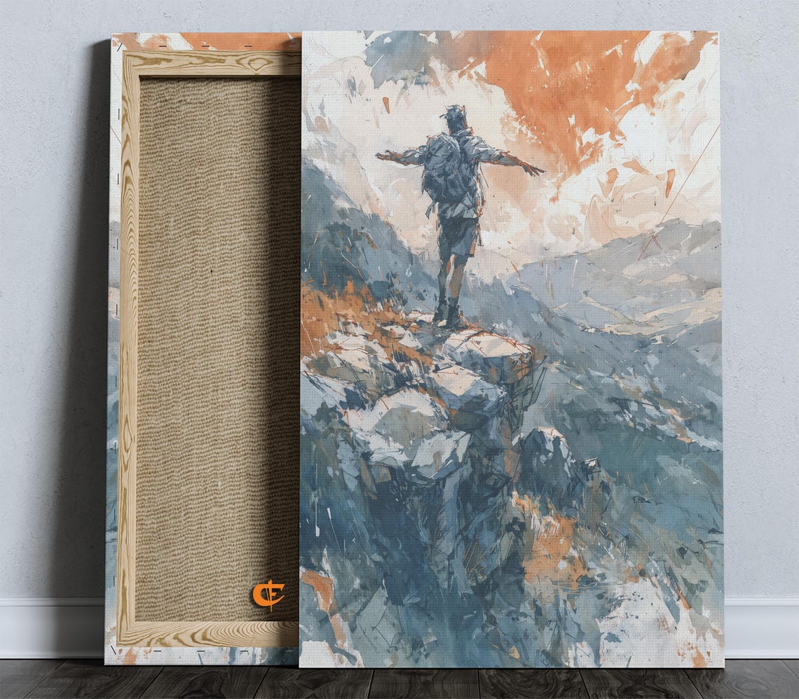 Hiker Standing Mountain Summit Watercolor Adventure Climb Peaks Poster