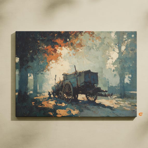 Rustic Autumn Landscape With Hay Cart Vintage Fall Scene Golden Hour Wall Art Cozy Country Decor Painting 721