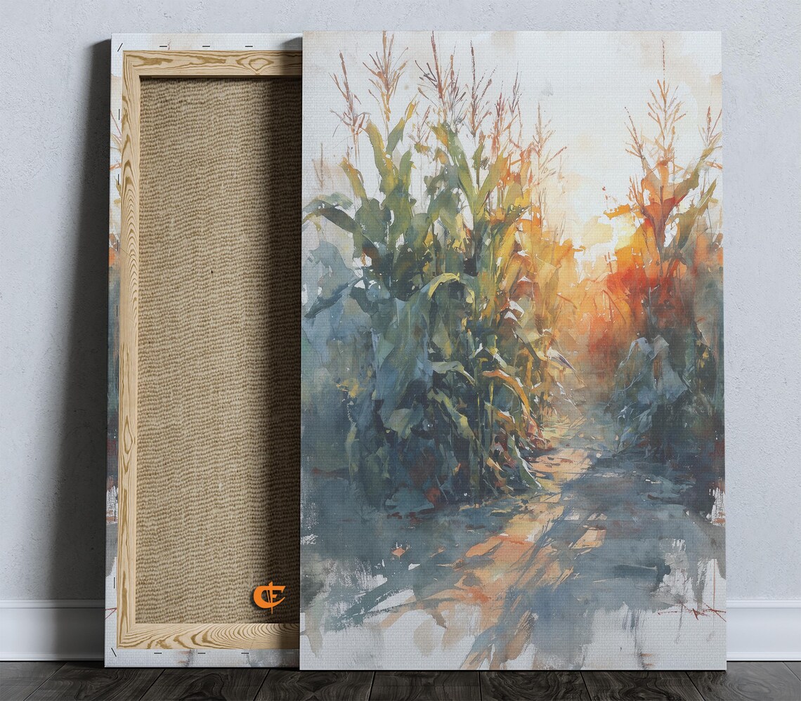 Rustic Cornfield Path In Sunlight, Watercolor Art