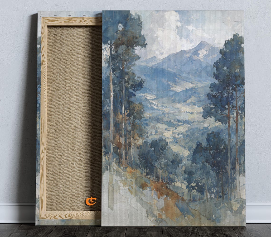 Moody Mountain Valley Tall Pines Watercolor Rustic Nature Art Poster