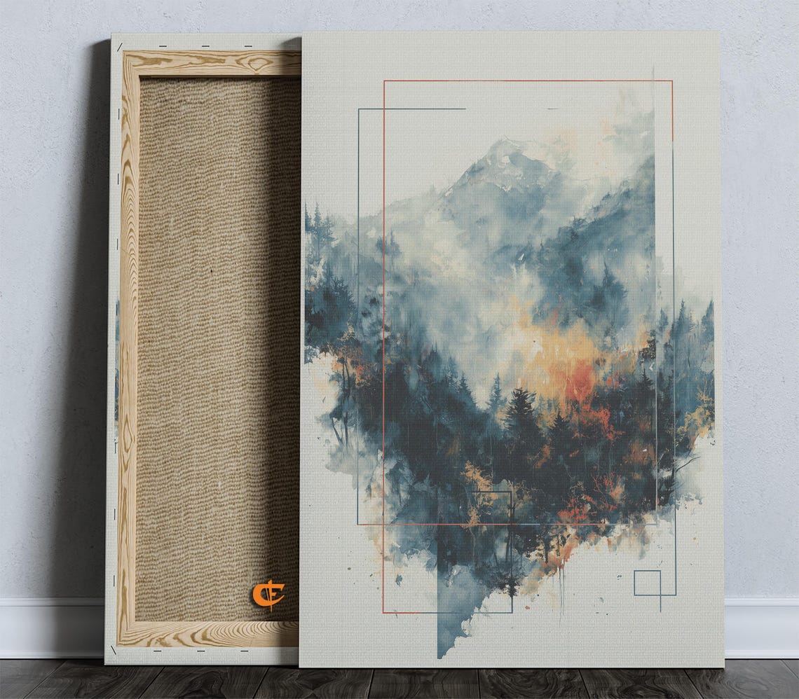 Moody Watercolor Forest with Fiery Orange Glow Abstract Art Print