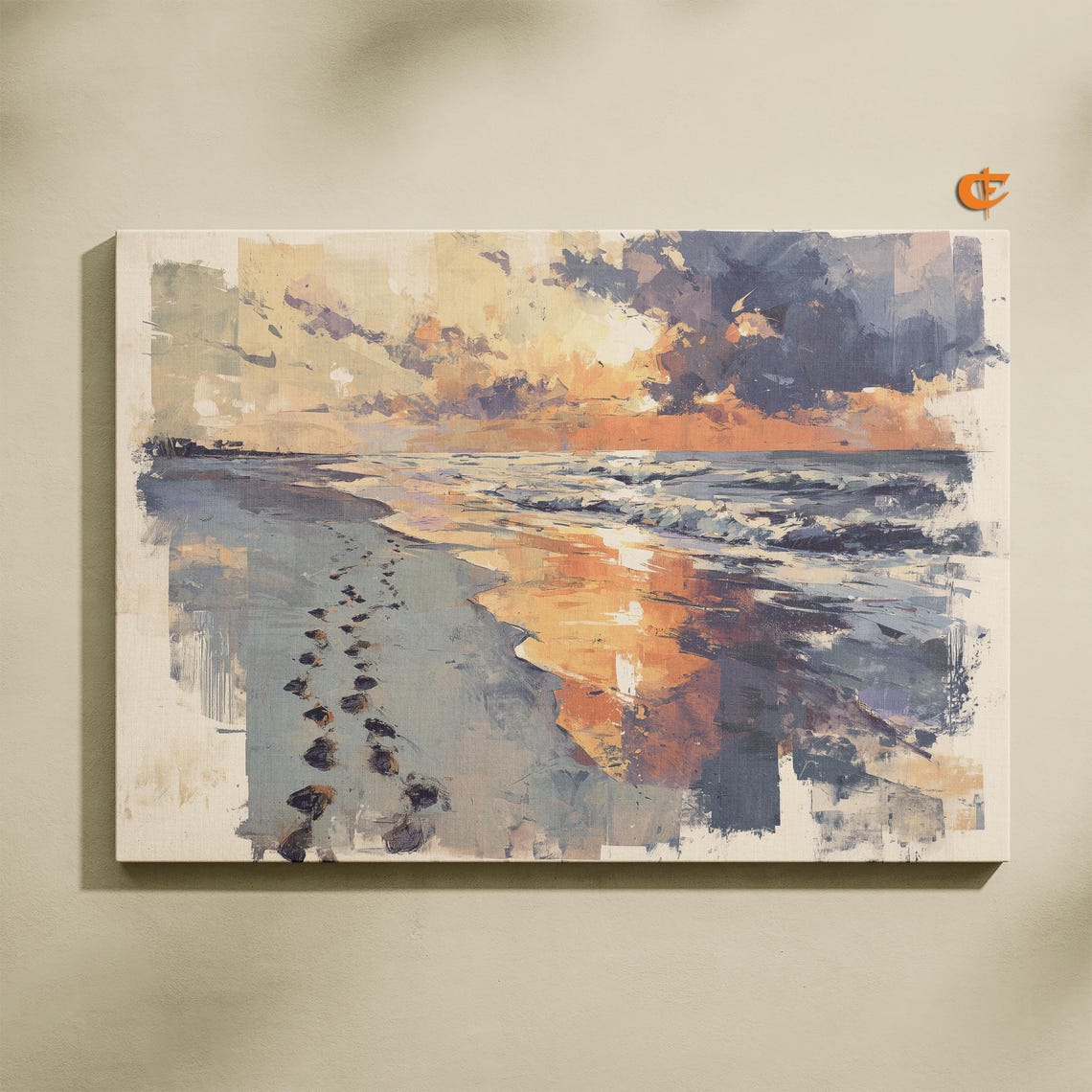 Painterly Beach Footprints at Sunset Watercolor Shore Poster