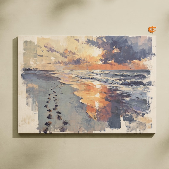 Painterly Beach Footprints at Sunset Watercolor Shore Poster
