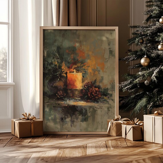 Glowing Candle Still Life Painting Soft Atmospheric Winter Scene Rustic Christmas Decor Moody Art Print For Holiday 1816