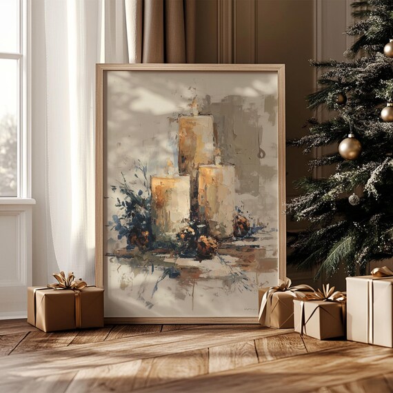 Cozy Rustic Christmas Candle Scene Painting Warm Winter Wall Art