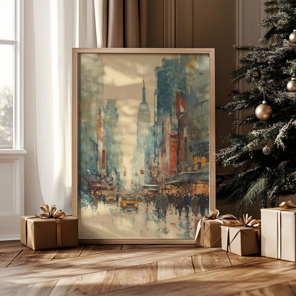 Winter New York City Snow Empire State Building Taxi Art Poster