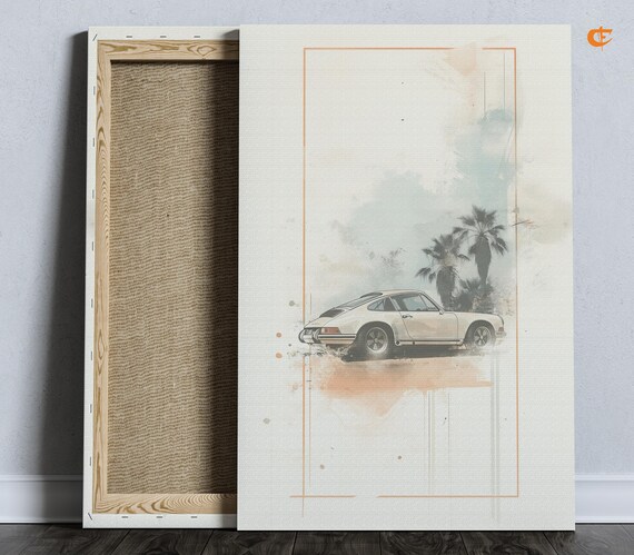 White Porsche 911 Vintage Sports Car Watercolor Painting Poster