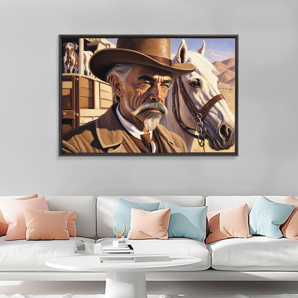 Old Cowboy Portrait White Horse Cattle Car Western Art Wall Poster - Image 3