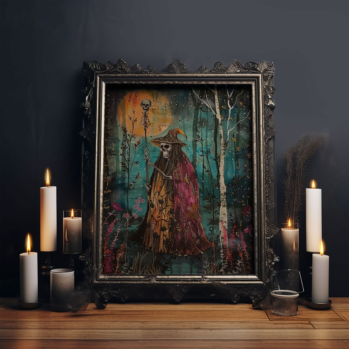 Skeleton Witch Skull Staff Full Moon Birch Forest Art Poster - Image 5