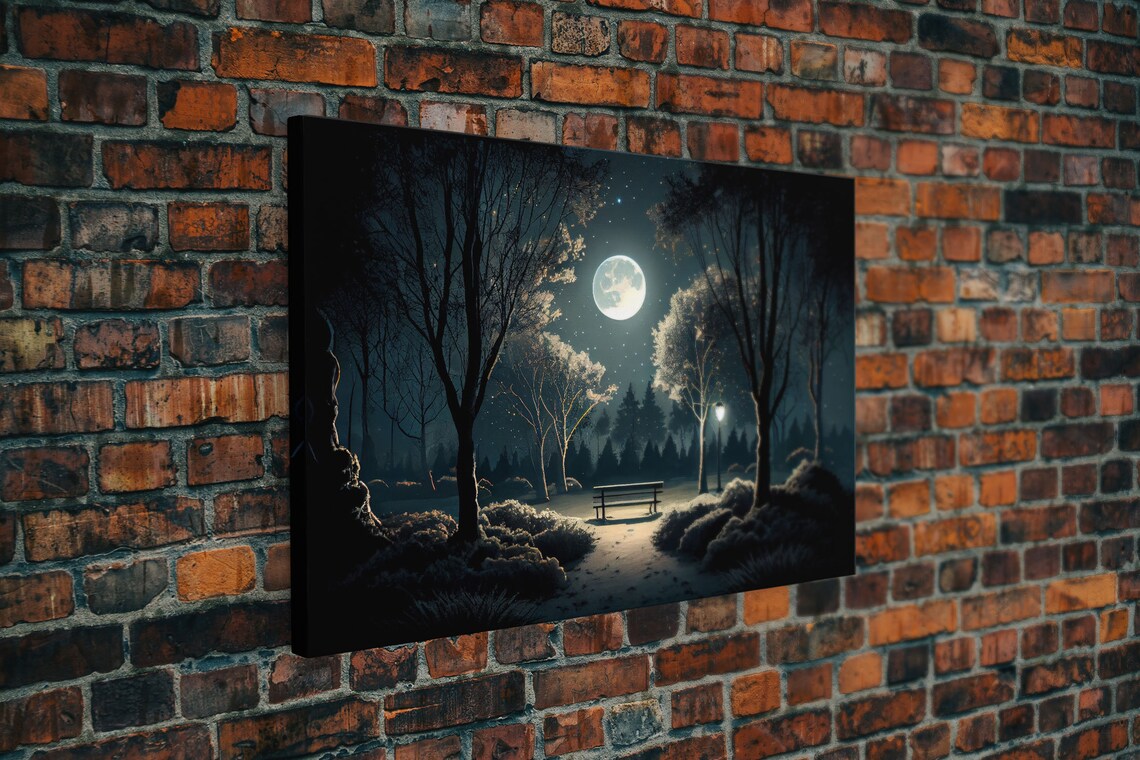 Snow Covered Park At Midnight, Full Moon Watercolor Art Print - Image 5