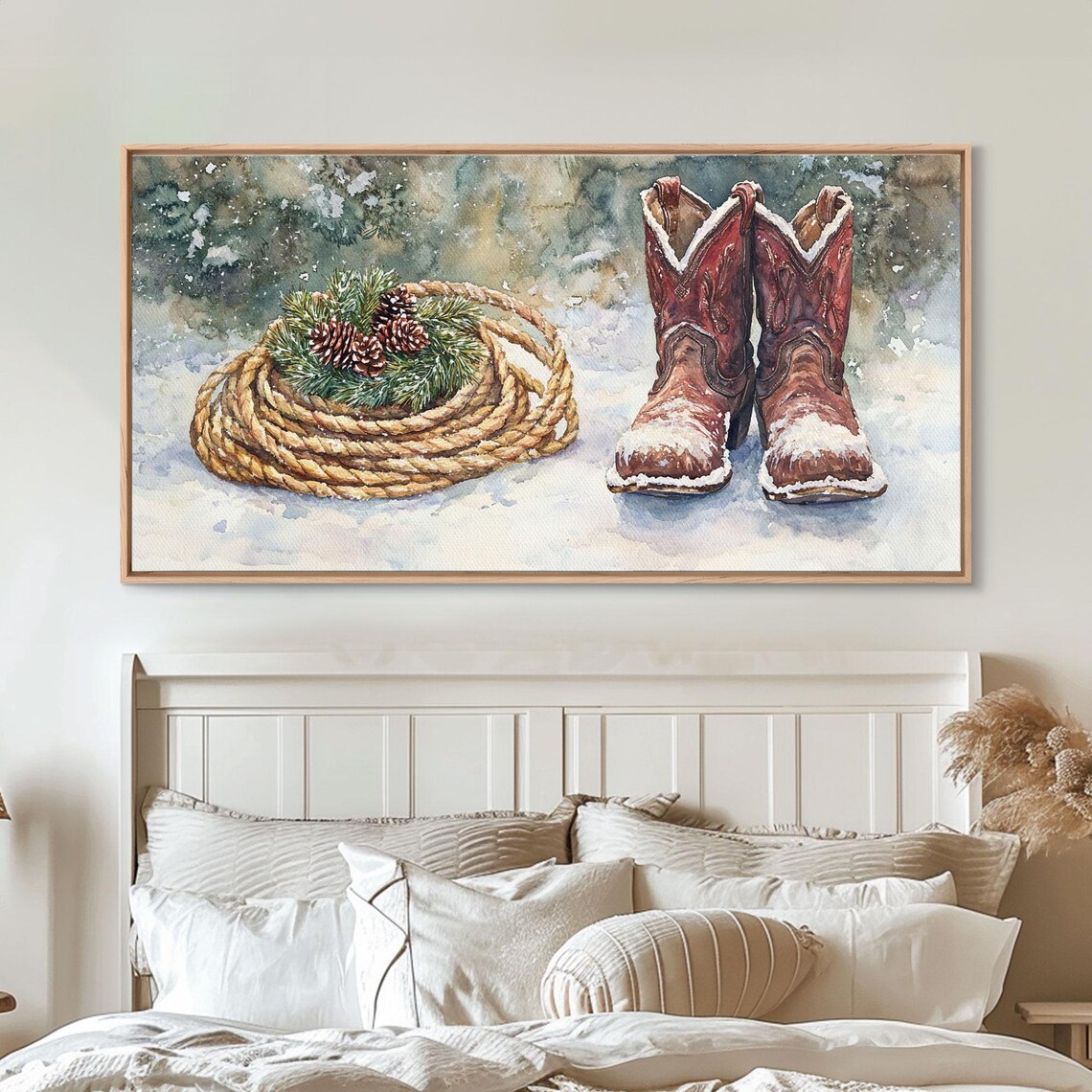 Cowboy Boots Lasso Pine Cones Snow Western Christmas Art Print - Image 2
