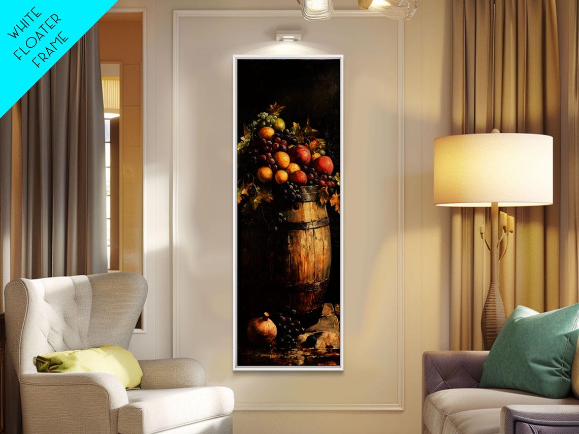 Still Life Oil Painting Print Of Fruit And A Wine Barrel Wine Room Art Wine Cellar Art Bar Decor Tall Skinny Art Skinny Vertical Art