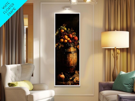Rustic Wine Barrel Overflowing Fruit Dark Still Life Painting Poster