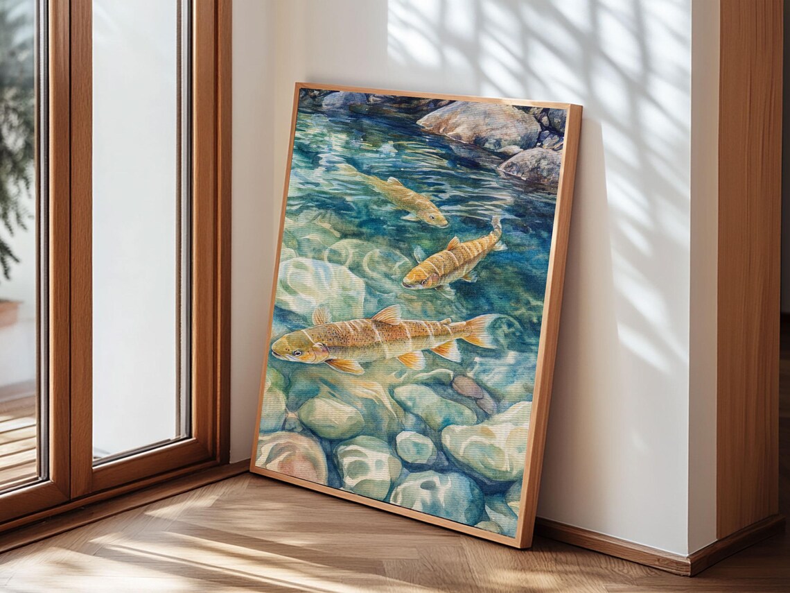 Gentle Swimming Trout Rustic Living Room Art Print - Image 6