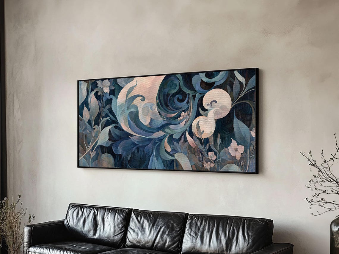 Moody Blue Art Nouveau Floral Moonlit Botanical Dark Wall Poster - Image 4
