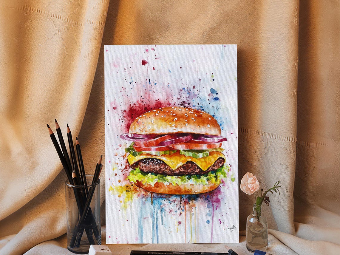 Watercolor Splatter Cheeseburger Colorful Kitchen Food Art Print - Image 2