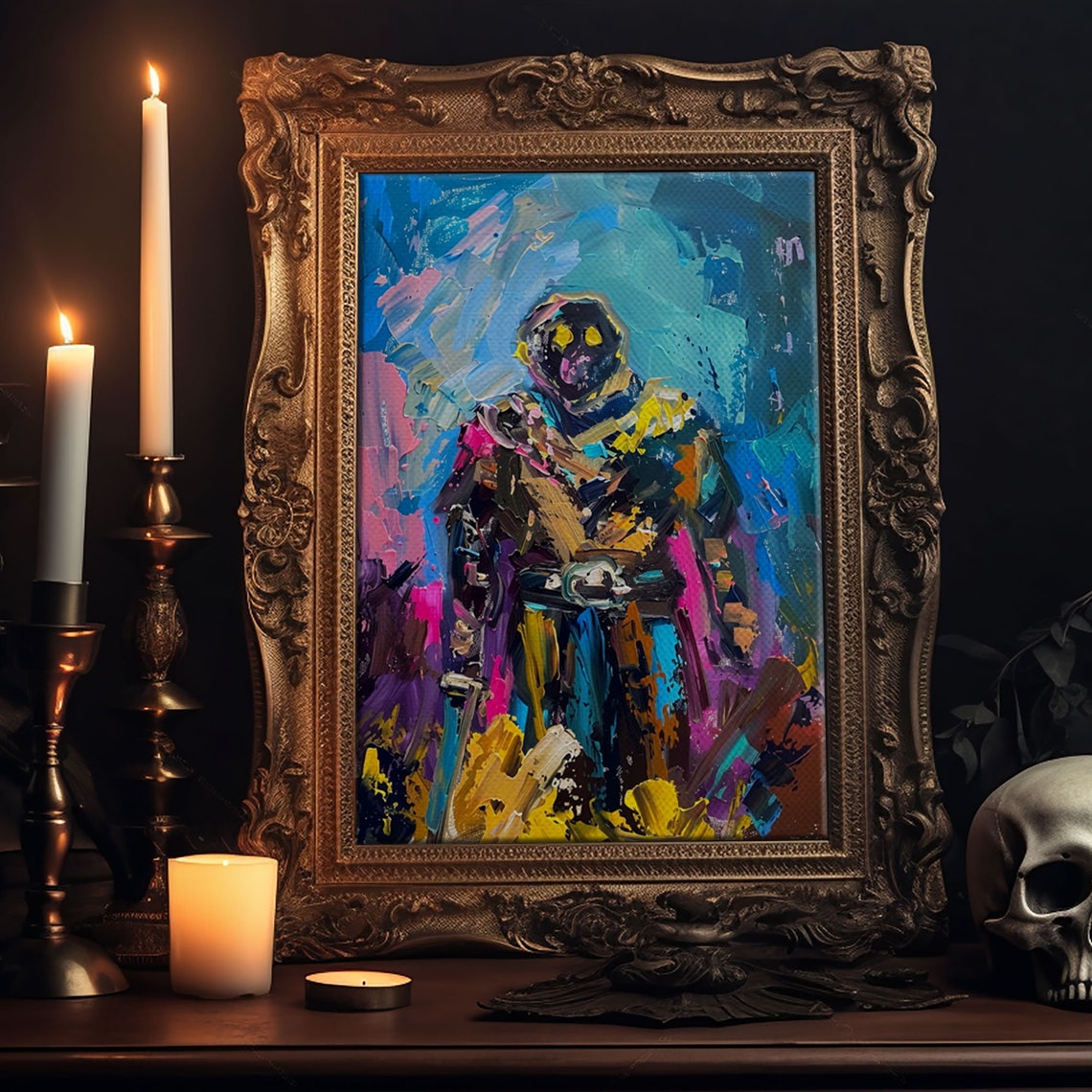 Abstract Skeleton Warrior Glowing Eyes Colorful Impasto Art Poster - Image 6