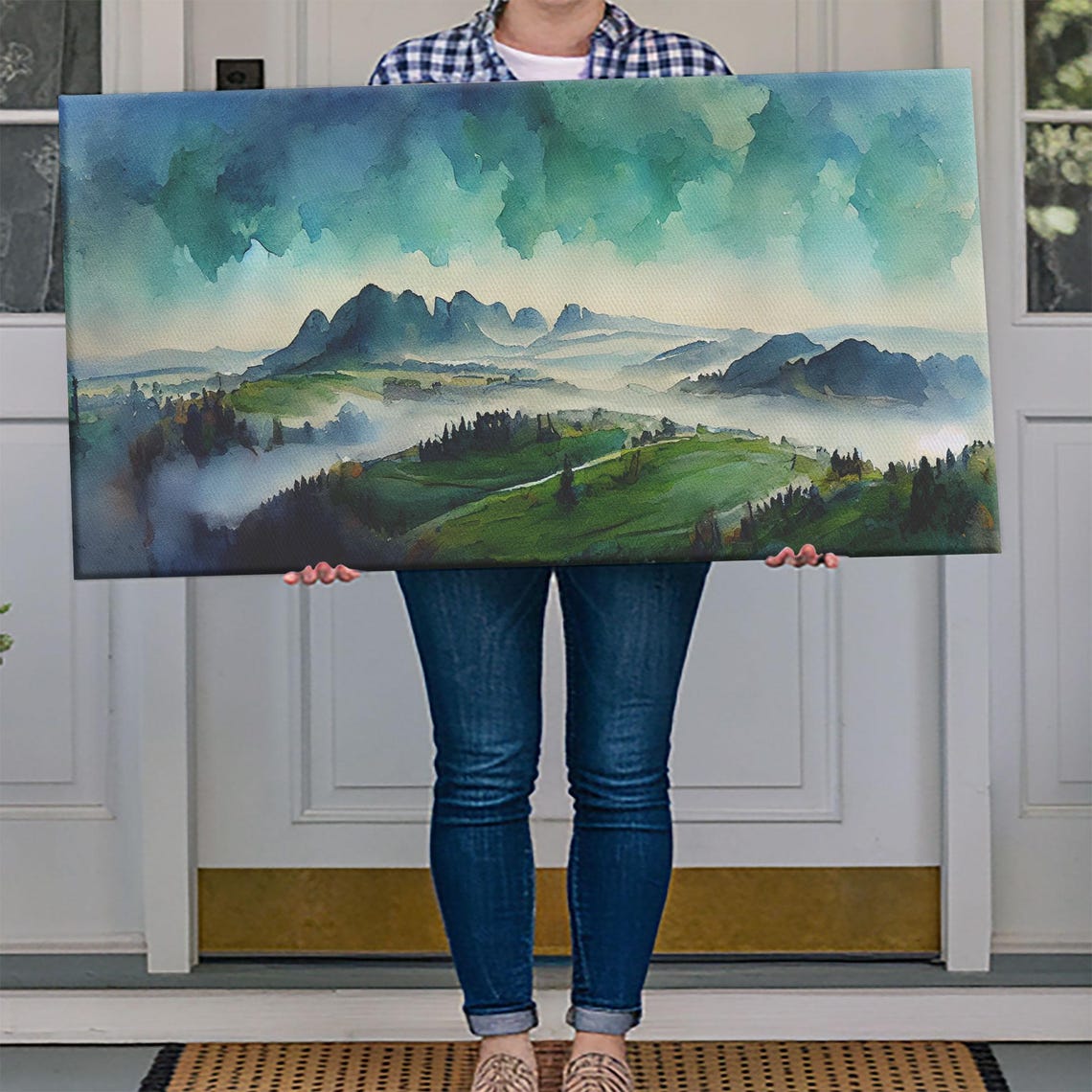 Panoramic Blue Green Mountain Valley Watercolor Art Print Misty Rolling Hills Landscape Extra Large Panorama Print - Image 4