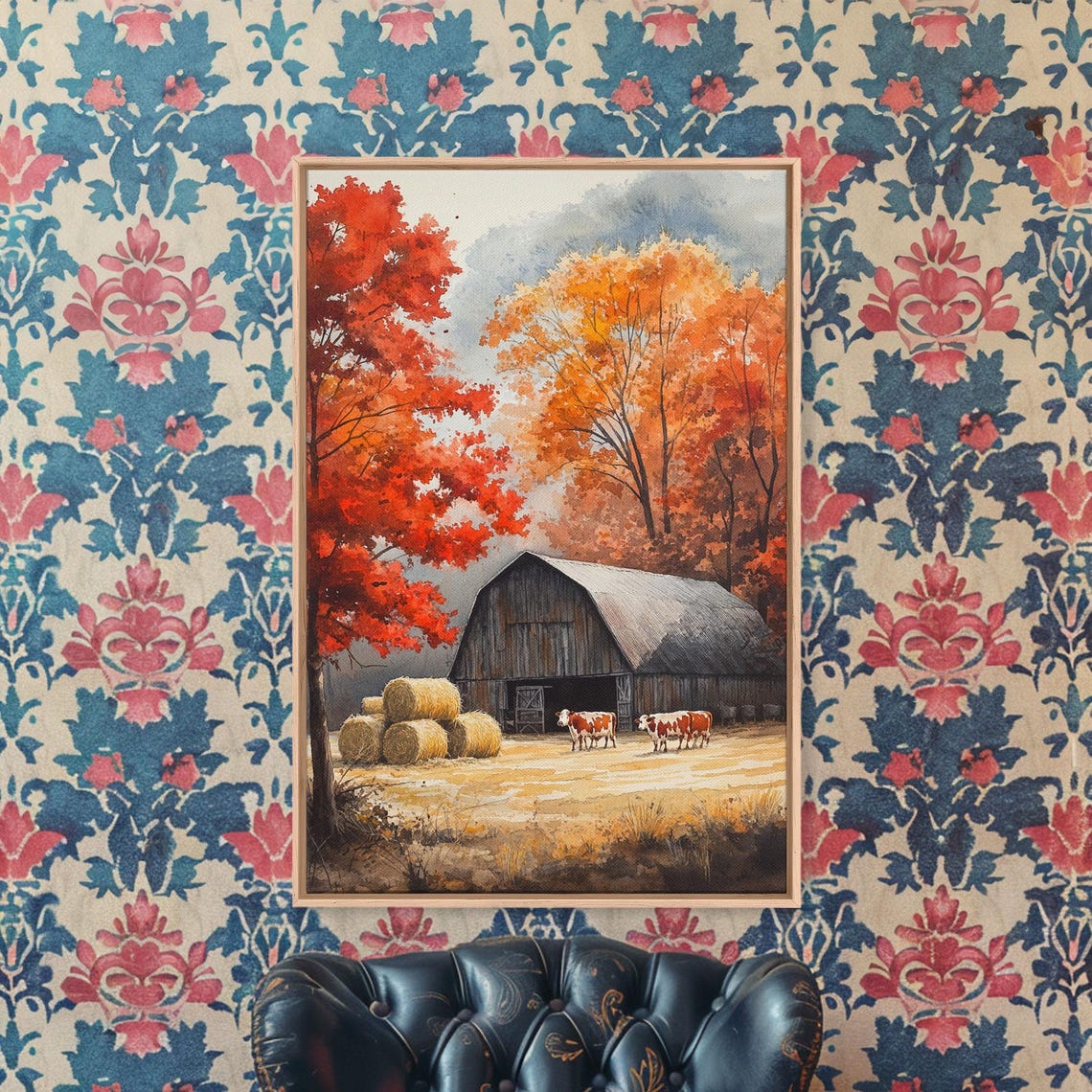 Rustic Barn With Hay Bales And Cows In Fiery Fall Foliage Poster - Image 4