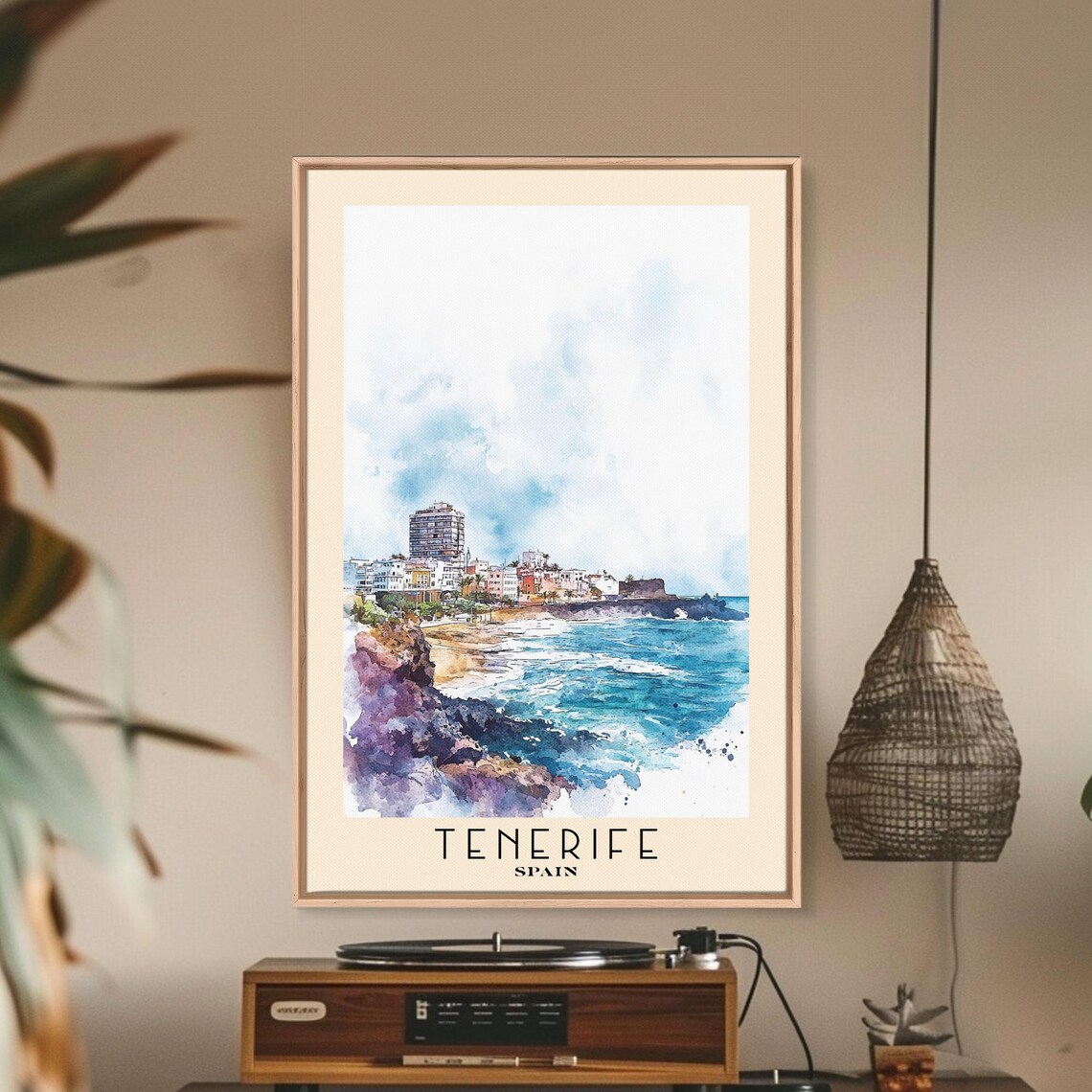 Tenerife Spain Coastal Town Rocky Cove Turquoise Sea Watercolor Poster - Image 3