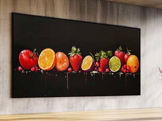 Funky Fruit Painting Print Framed Art Fruit Painting Rustic Large Farmhouse Kitchen Wall Art Vintage Fruit Wall Art For Kitchen