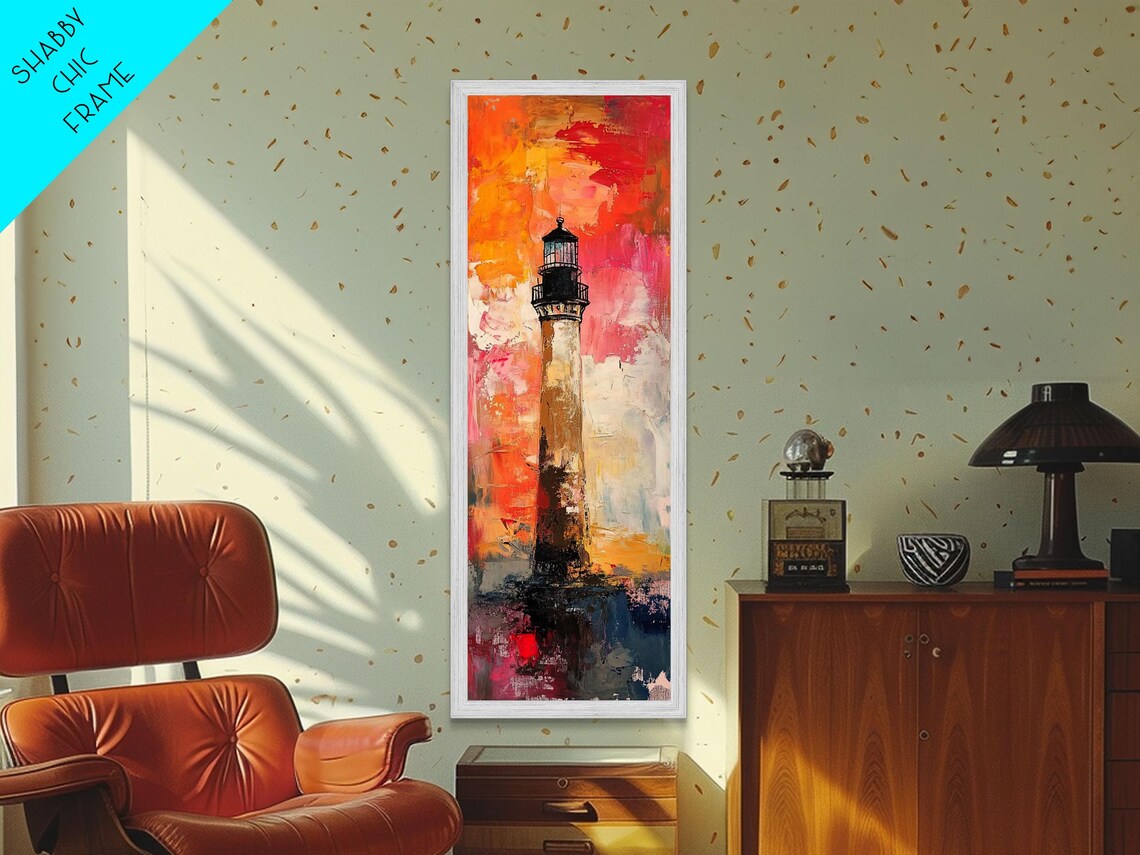 Abstract Lighthouse Painting Pink Orange Sunset Coastal Art Poster - Image 2