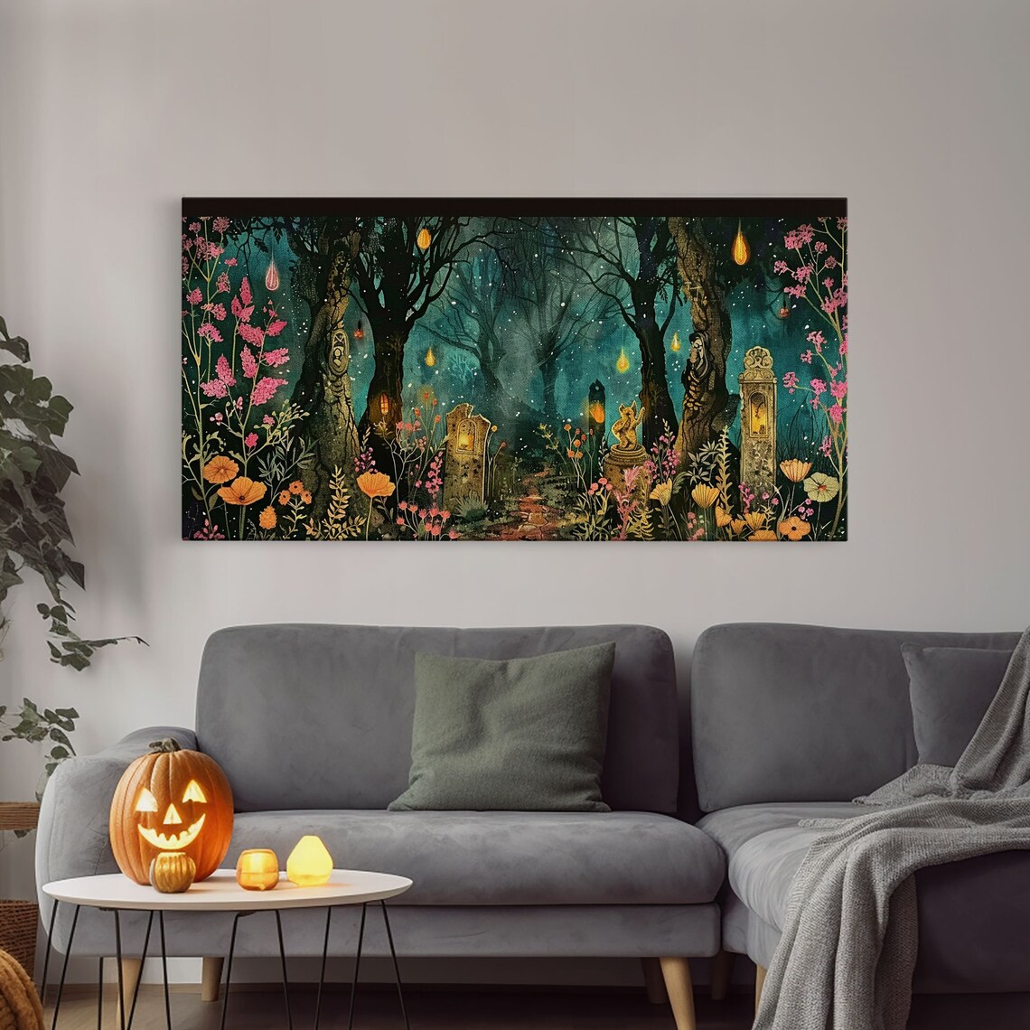 Haunted Forest Cemetery Glowing Lanterns Pink Wildflowers Spooky Wall Art