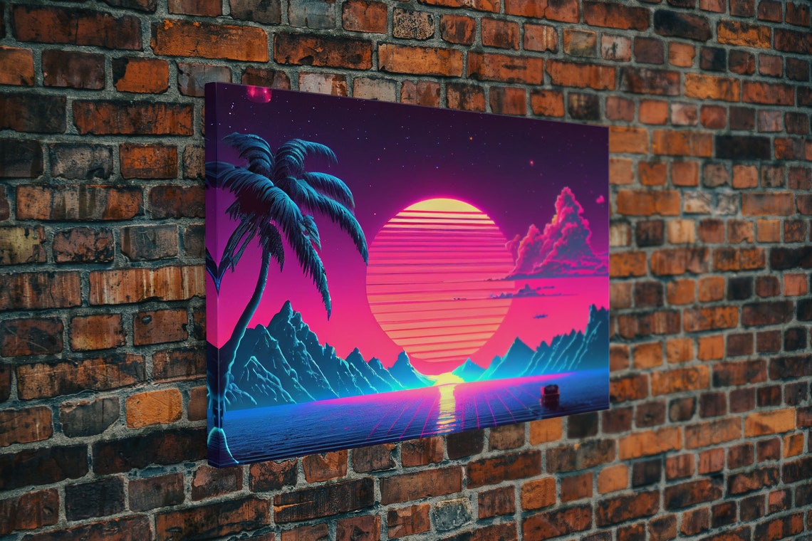 Retro Outrun Style Palm Trees And Sunset Framed Print Wireframe Lake And Mountain Vista - Image 5