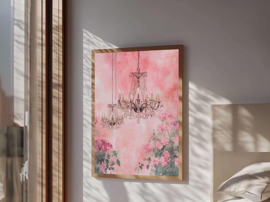 Pink Chandelier Watercolor Crystal Lights Floral Elegant Wall Poster - Image 5