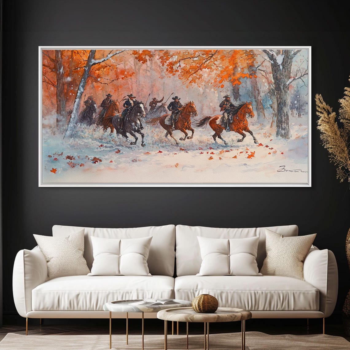 Cowboys Galloping Through Snowy Autumn Forest Storm Art Print - Image 3