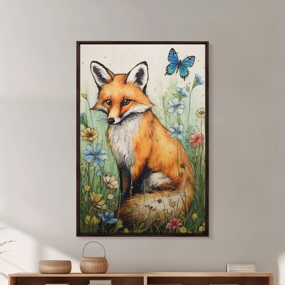 Red Fox Among Wildflowers Watercolor Butterfly Woodland Art Poster