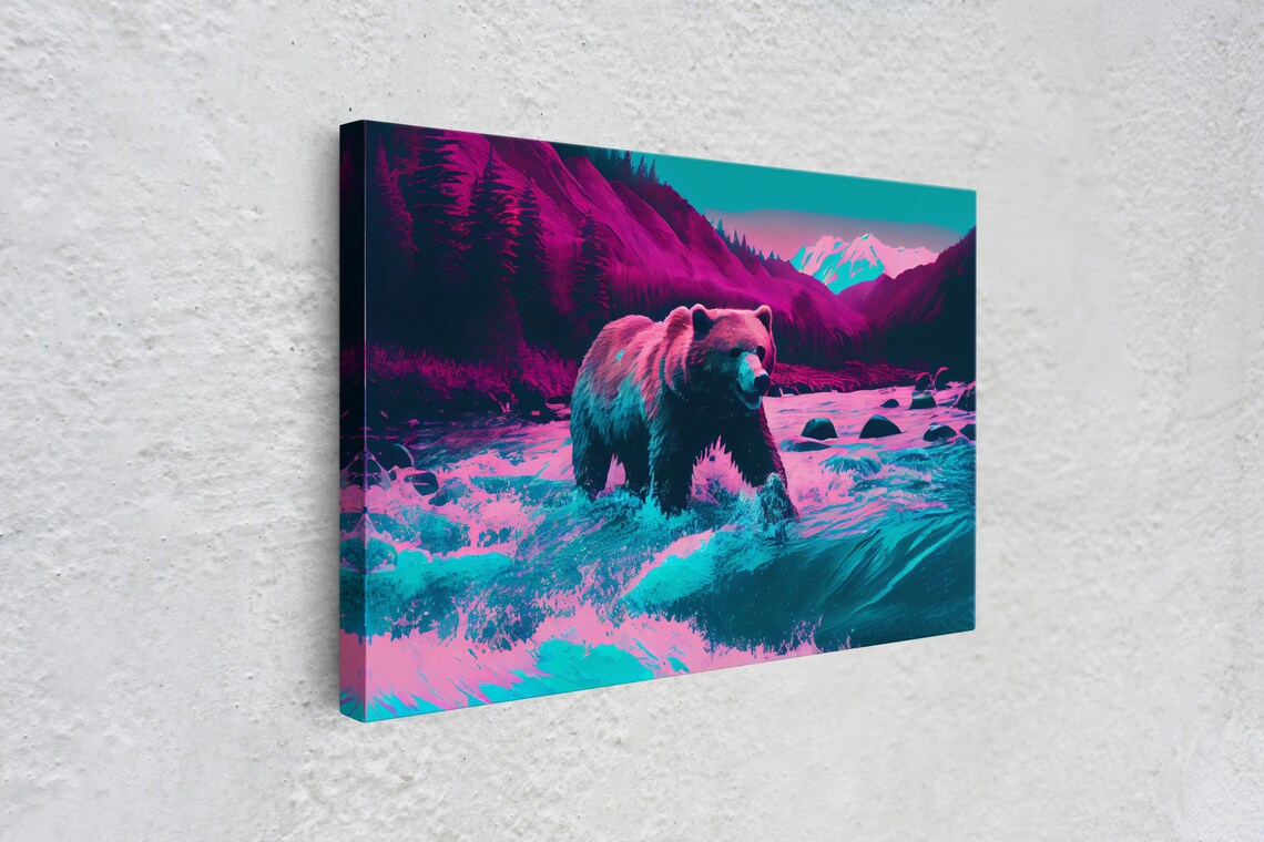 Grizzly Bear Crossing A River, Vaporwave Art Print - Image 4